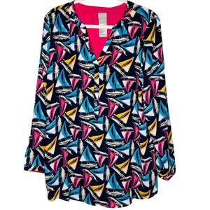 Chicos Womens Sailboat Blouse Tunic Top V Neck Sz 14 Resort Summer‎ Vacation